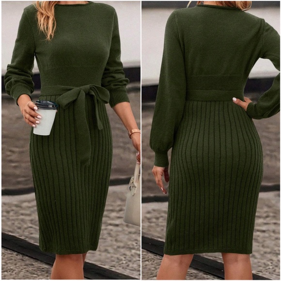 Classic Ribbed Belted Solid Sweater Dress - Picture 3 of 7